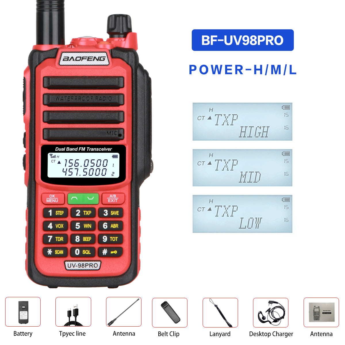 Baofeng UV98 Pro walkie talkie antenna and battery view