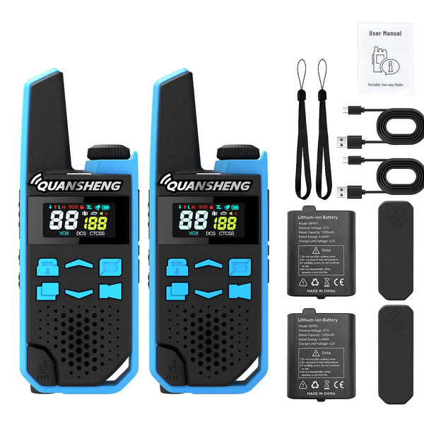 QUANSHENG Walkie Talkies Long Range Rechargeable - TG-FR1 Two Way Radios with Earpieces, NOAA Weather Alert, USB-C, VOX Hands-Free, Privacy Codes & Flashlight for Hiking Camping (2 Pack)