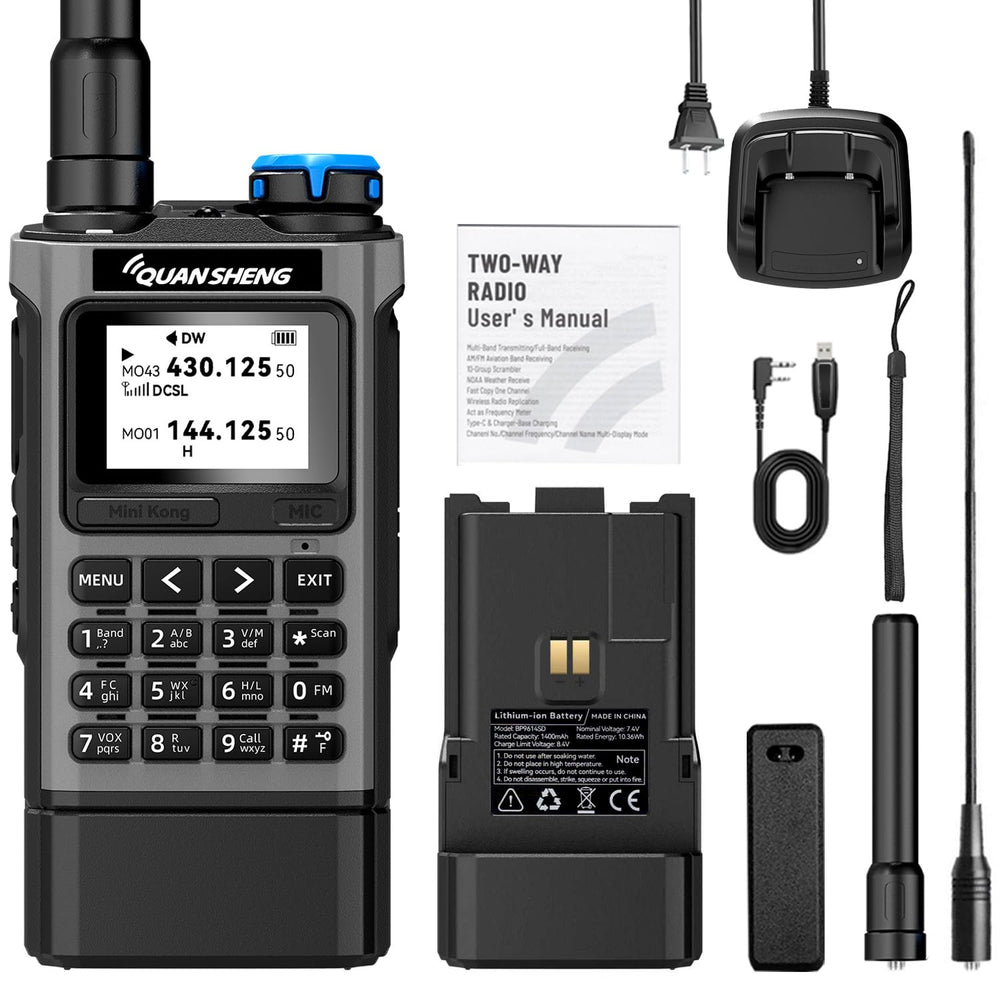QUANSHENG UV-K1 2500mAh erweiterter Akku Walkie Talkie Flugfunkempfang Handfunkgerät mit USB Type-C Aufladung, NOAA-Wetterwarnung, Ein-Tasten-Frequenzabgleich, drahtloser Kopierfunktion, große Reichweite