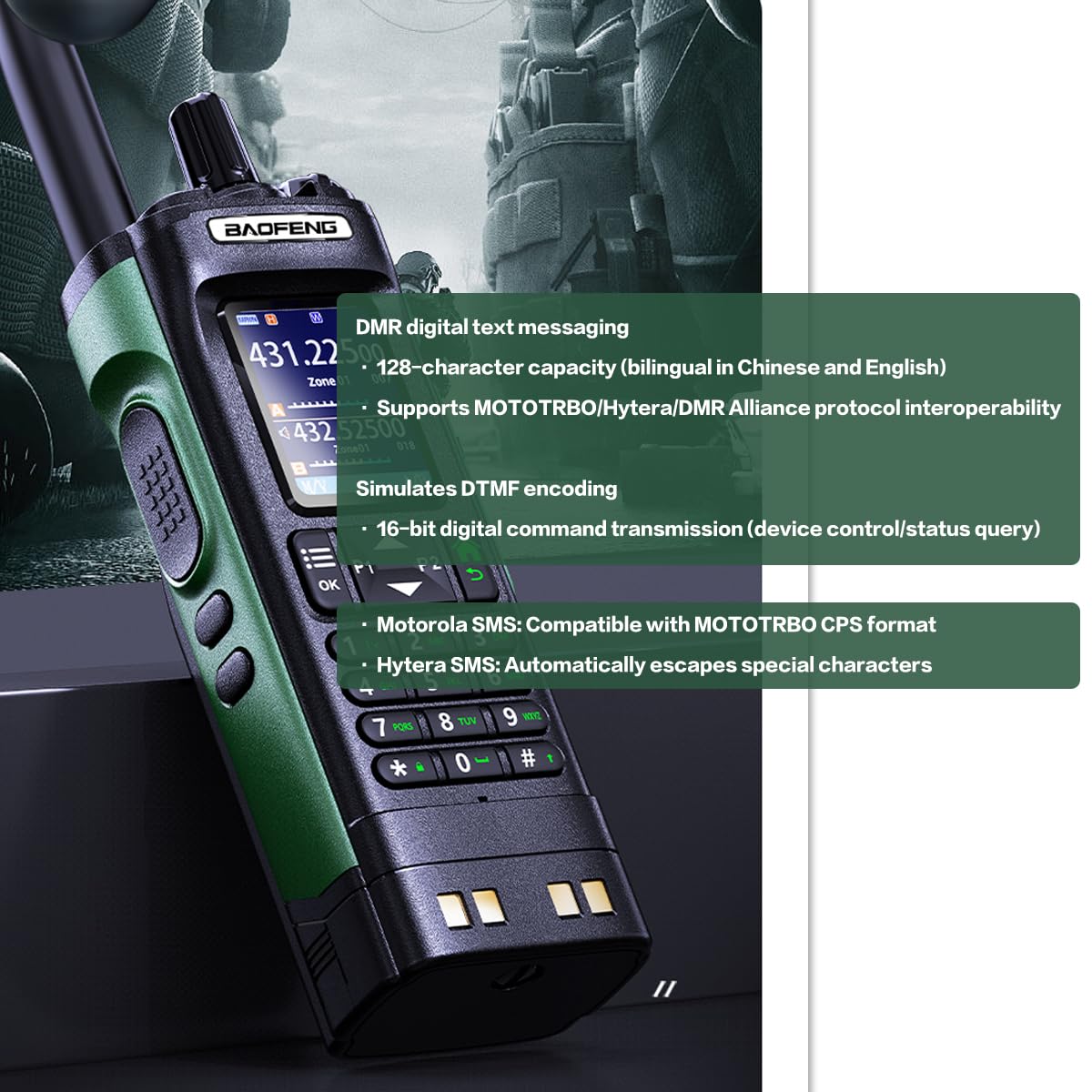 Baofeng DM-32UV DMR radio antenna and battery view