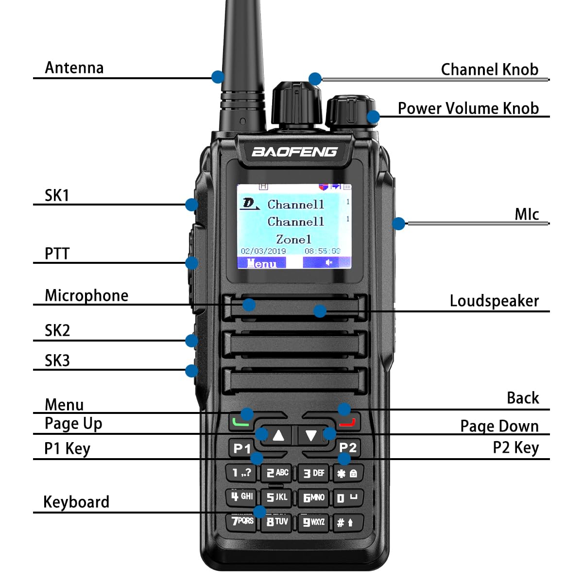 Baofeng DM-1701 DMR radio antenna and battery view
