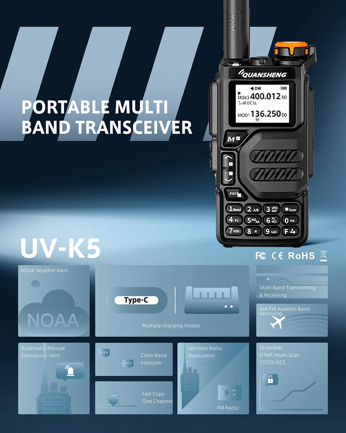 QUANSHENG UV-K5 ham radio antenna and battery view