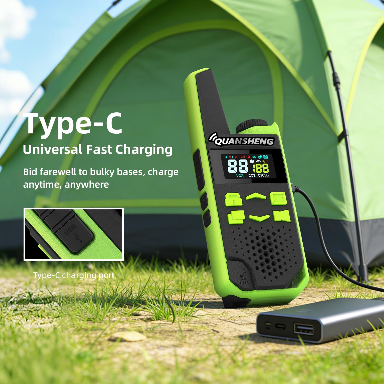 QUANSHENG TG-FR1 walkie talkies antenna and battery view